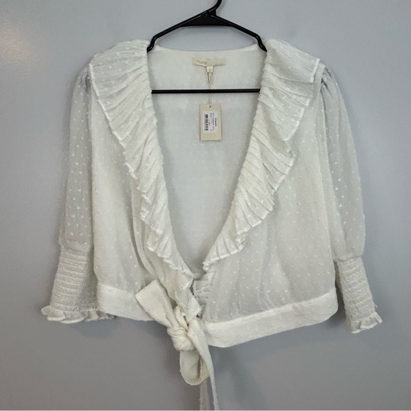MWT Maje Plumeti Cropped White Wrap Ruffle V-neck Wrap Blouse Size 2 NEW - Picture 3 of 15